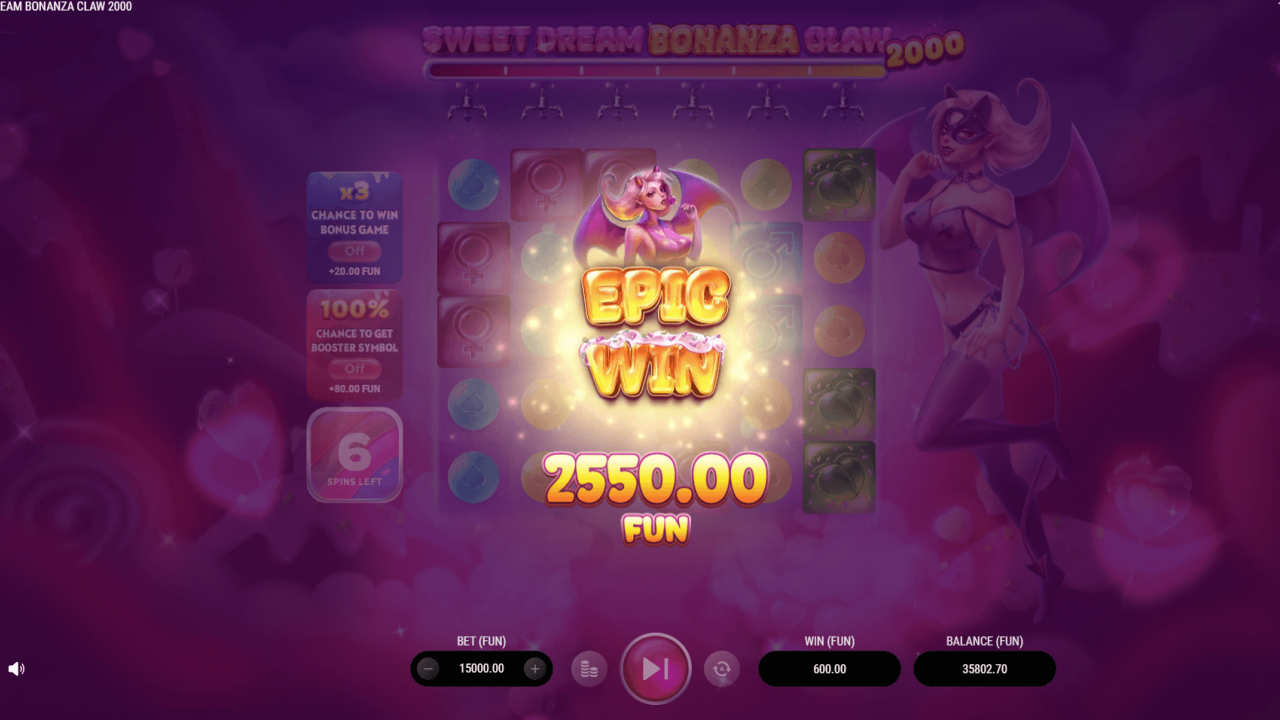 Epic Win of 2550.00 FUN in Sweet Dream Bonanza Claw 2000; claw-delivered multiplier creates a clip-worthy moment for iGaming promos and streams.
