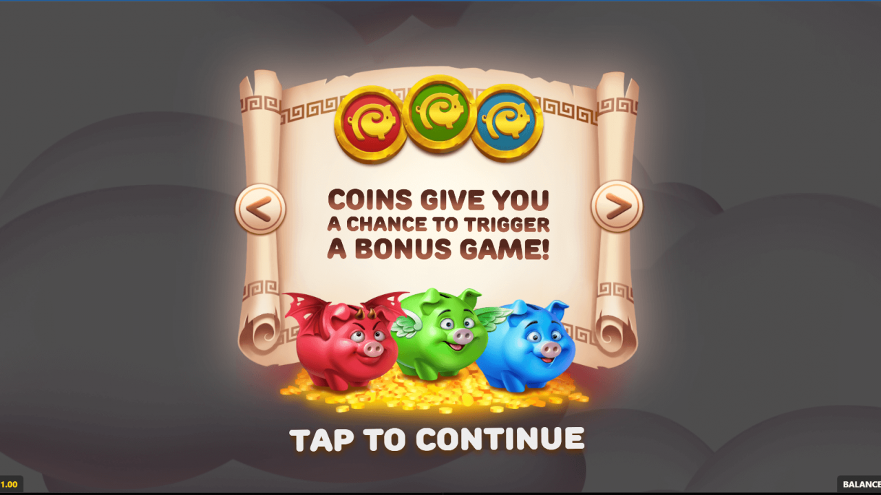 Start screen of Olympigs slot by GameBeat showing Zeus, Hades, and Ares pig characters with coin bonus feature.