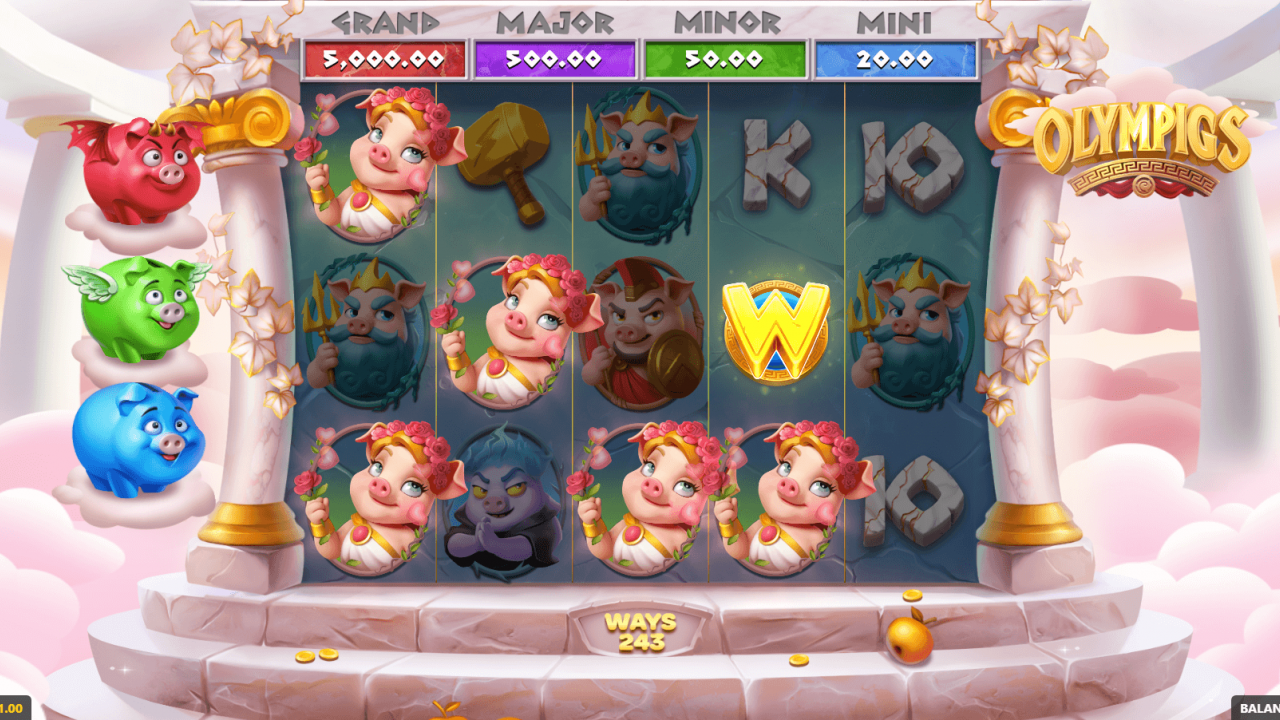 Base game reels of Olympigs slot by GameBeat showing wild symbol and jackpot bar on top.