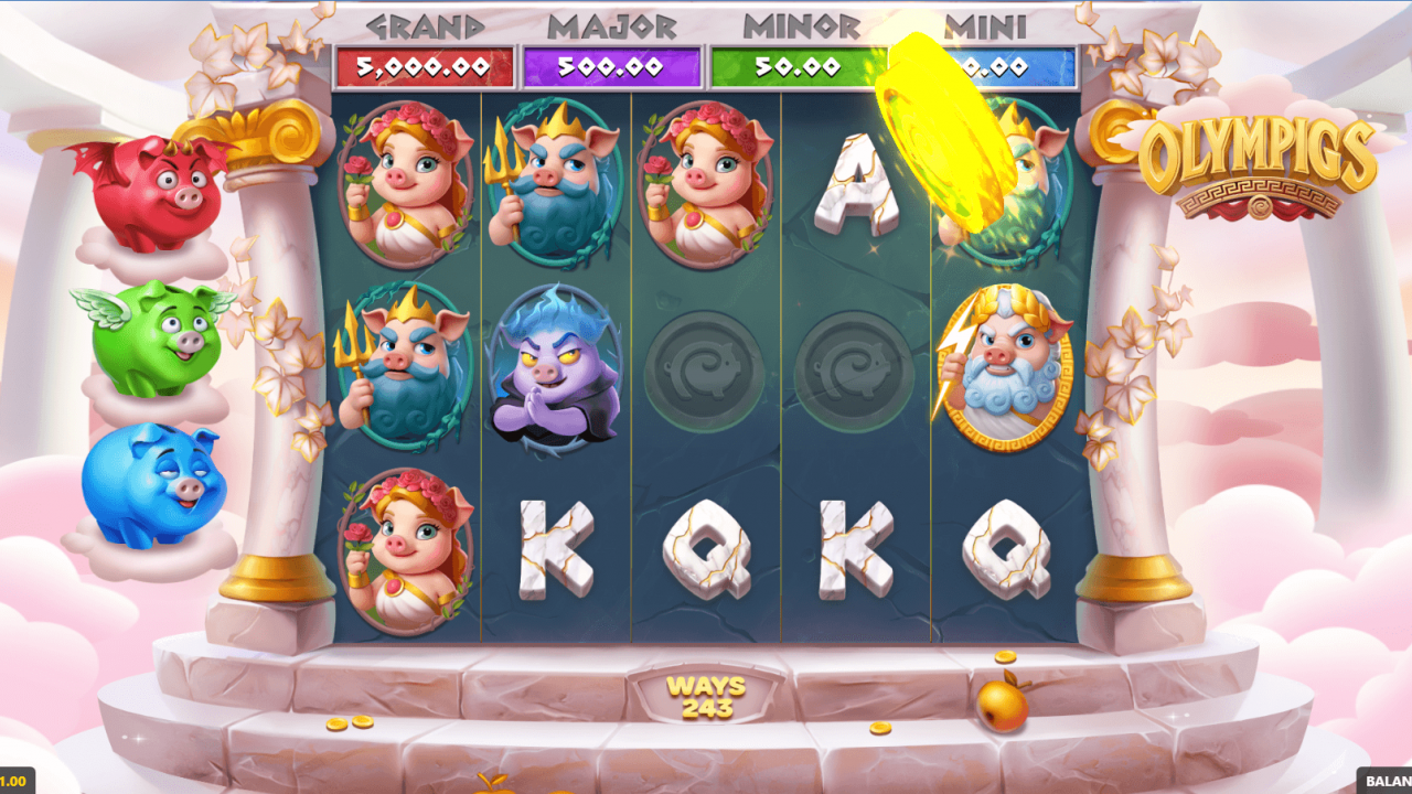 Base game reels of Olympigs slot showing coin symbols triggering bonus game opportunity.