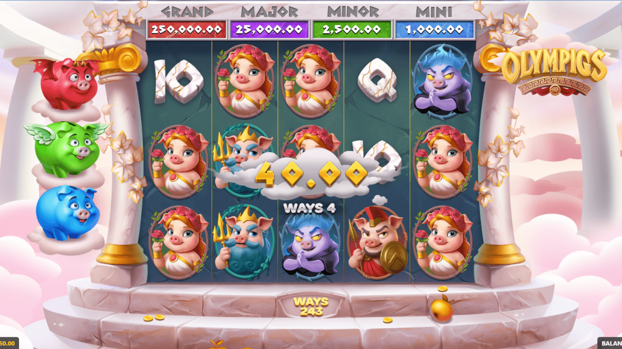 Winning combination on Olympigs slot base game with Aphrodite pig and 243 ways displayed.