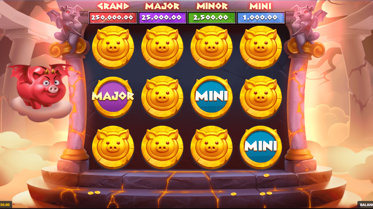 Olympigs bonus game screen showing coin symbols with Grand, Major, Minor, and Mini jackpot options.