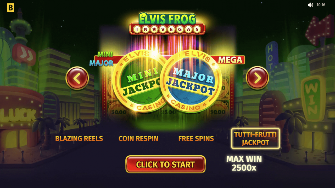Elvis Frog in Vegas slot game welcome screen with jackpots, mini, major, and mega jackpot icons.