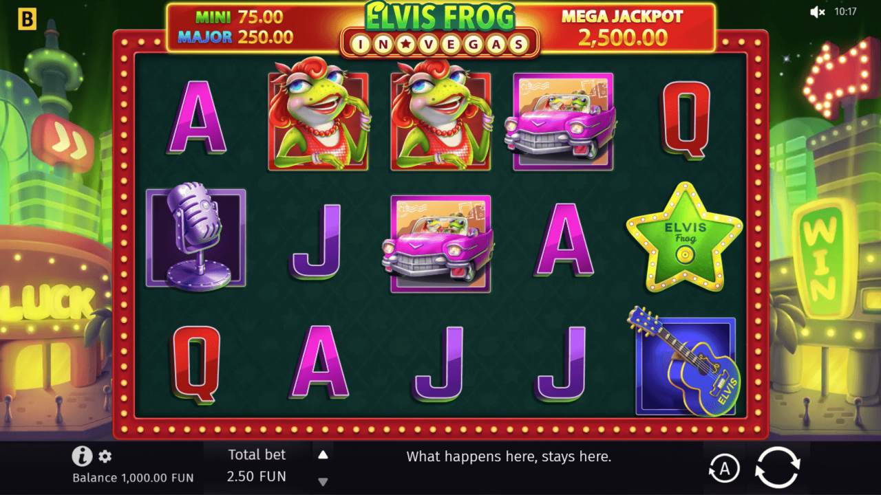 Base game screen of Elvis Frog in Vegas showing the reels, symbols, and major jackpot.