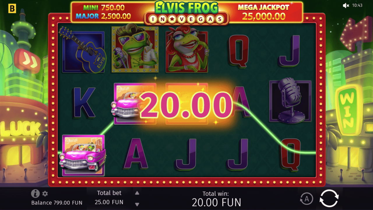 Elvis Frog in Vegas showing a base game win of 20.00 FUN with a winning symbol.