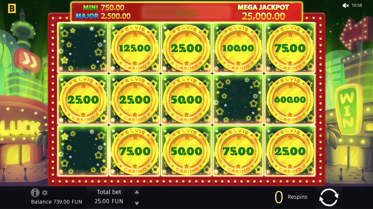 Coin Respin gameplay screen in Elvis Frog in Vegas, showing various coin values and the Coin Respin feature in action.