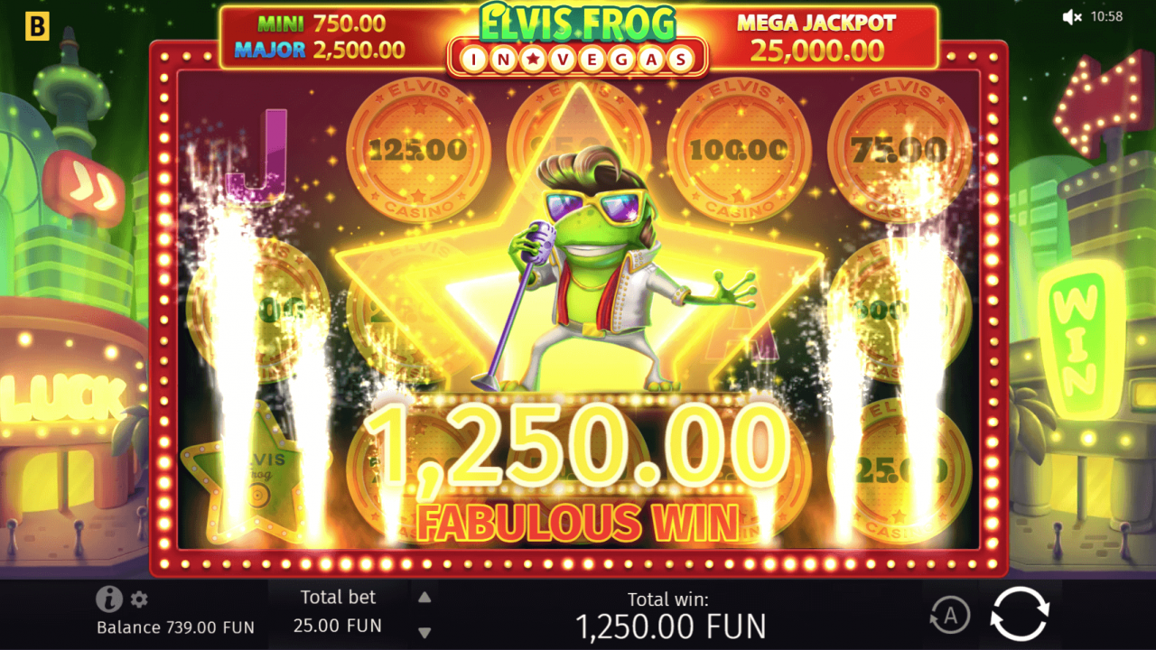 Mega win screen in Elvis Frog in Vegas showing a fabulous win of 1,250.00 FUN with fireworks.