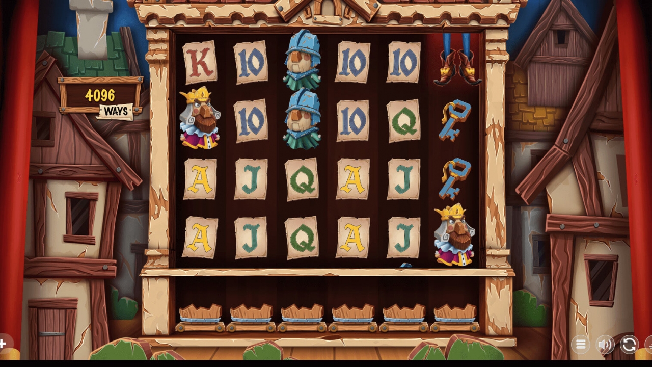 Captura de pantalla del juego base de la tragaperras Fawkes de Wicked Games, mostrando la disposición de 6 carretes, 4.096 formas de ganar y los símbolos principales del personaje presentados en carretes de madera con estilo teatral.