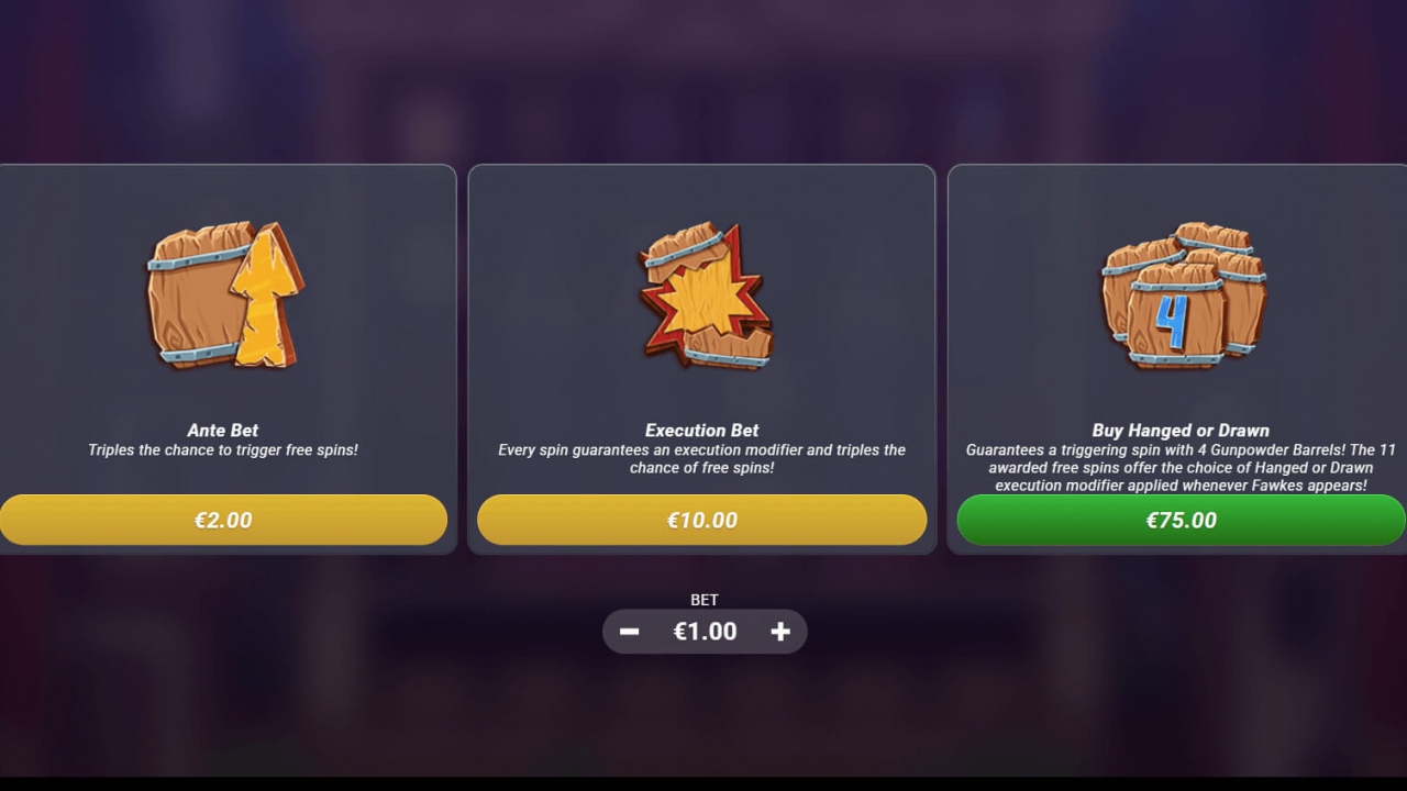 Captura de pantalla del menú de Compra de Bono de Fawkes, con opciones de Apuesta Ante, Apuesta de Ejecución y compra de Giros Gratis Ahorcado o Arrastrado, cada una con distintos modificadores y niveles de precio.