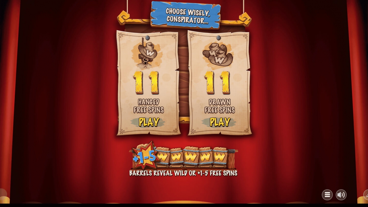 Pantalla de selección de giros gratis previa al juego en Fawkes, que permite a los jugadores elegir entre 11 Giros Gratis Ahorcado o 11 Giros Gratis Arrastrado, con los barriles de bono mostrados debajo del telón del escenario.