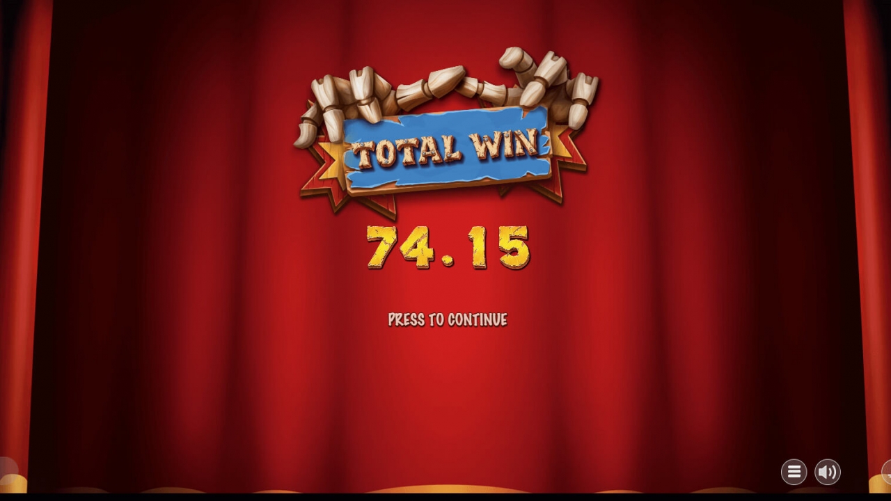 Pantalla de ganancia final de la ronda de giros gratis de Fawkes, que muestra el banner “Ganancia Total” con un pago de 74,15 €, sobre un fondo de telón teatral rojo.