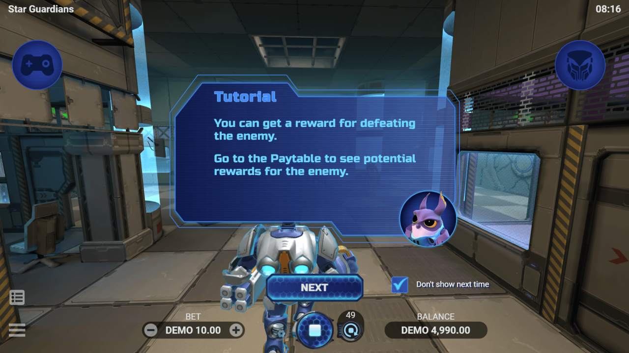 First tutorial screen in Star Guardians by Evoplay, guiding iGaming players through online casino shooter mechanics.
