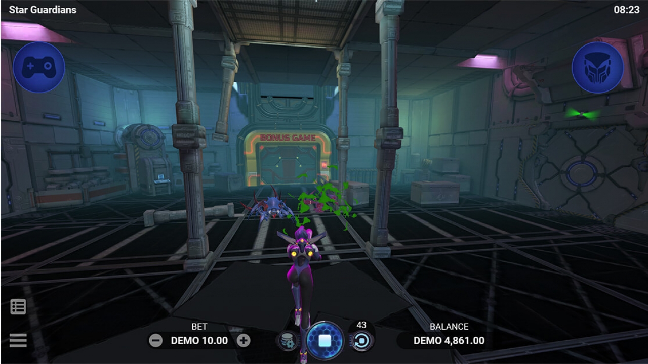 Skyler character gameplay in Star Guardians, an iGaming shooter from Evoplay, featuring real-money mechanics for online casinos.