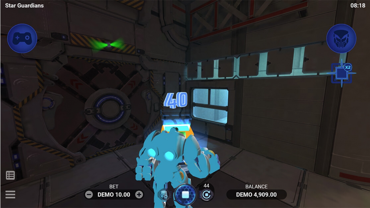 Butcher character unlocking a mystery box filled with credits in Star Guardians, an online casino crash game by Evoplay.