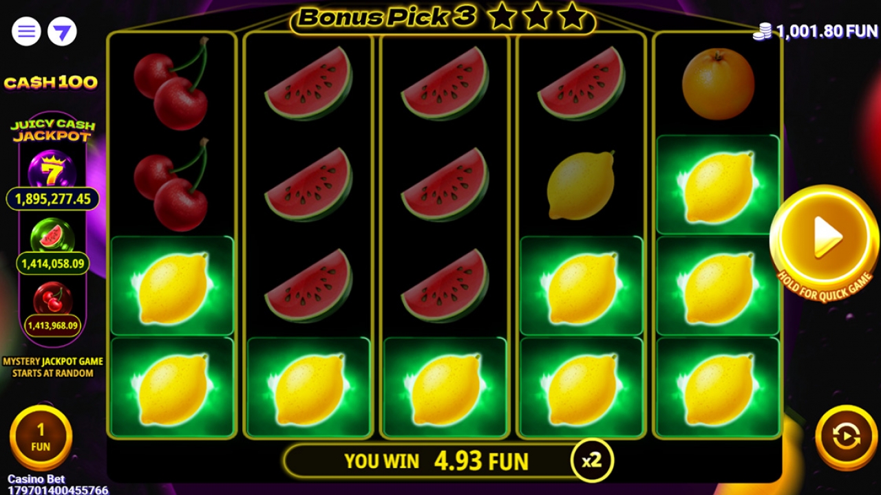 Screenshot of the Cash 100 slot game with lemon symbols on the reels, adding a fruity twist to the gameplay.