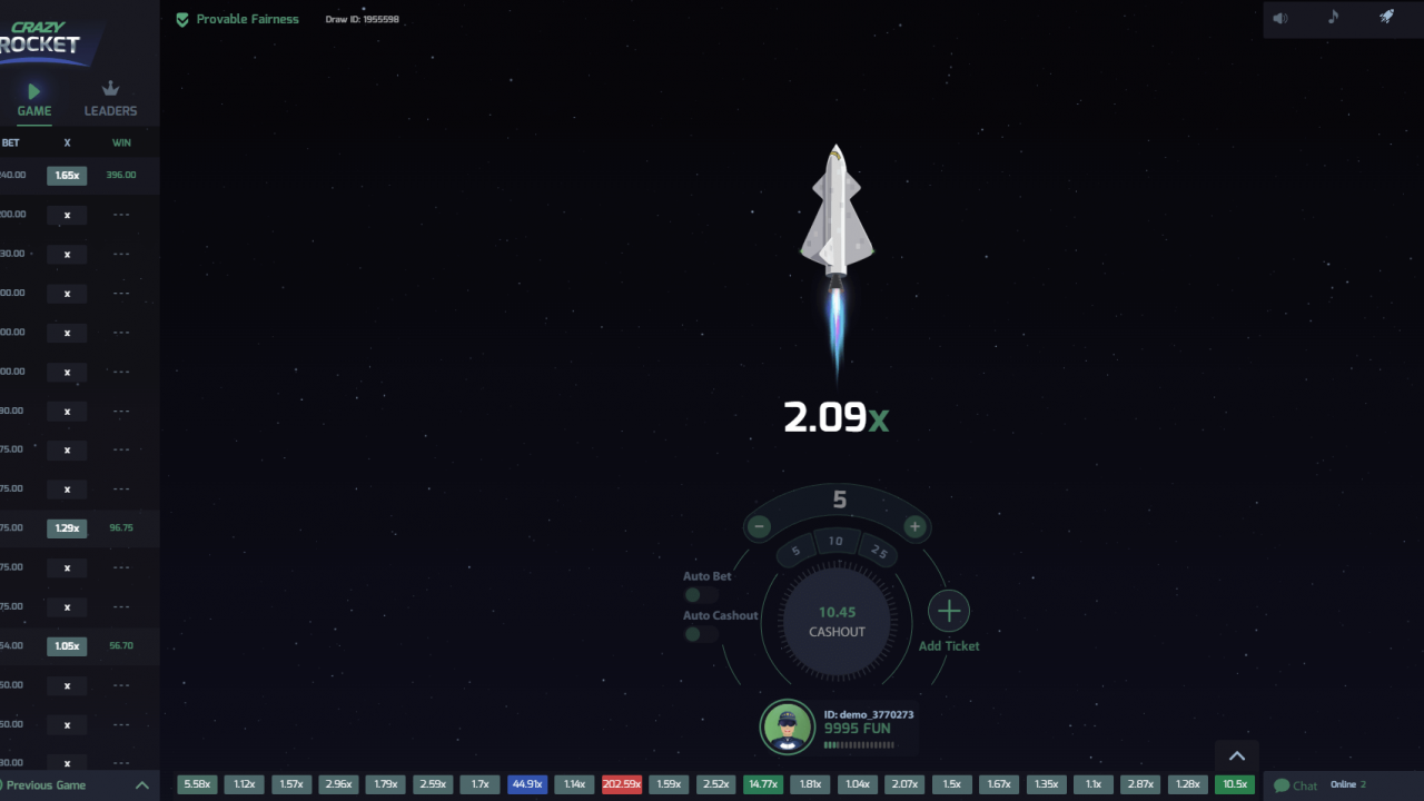 Ronda de cohete único en Crazy Rocket con multiplicador alto (~4x) y ventana clara para cashout.