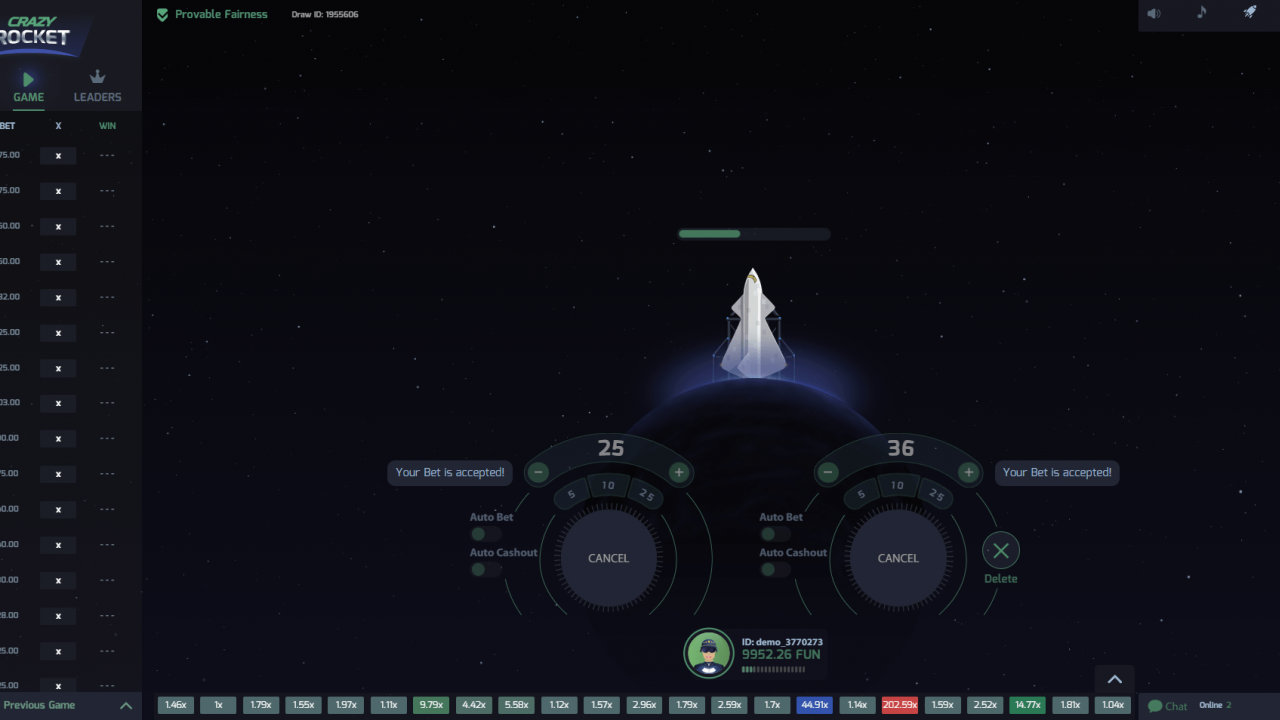 Pantalla previa al lanzamiento confirma dos apuestas aceptadas; Auto Bet/Auto-Cashout y sello “Provable Fairness” visibles.