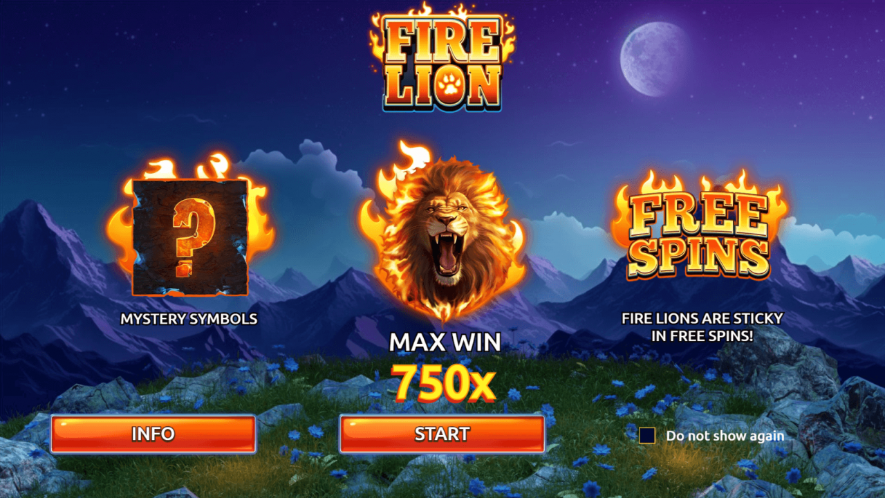 Pantalla de introducción del slot Fire Lion de AirDice, que muestra el león de fuego y el diseño con temática de sabana.