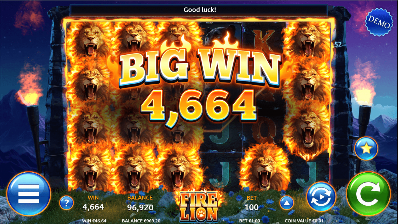 Celebración de gran ganancia en el slot Fire Lion de AirDice, con visuales ardientes y premios destacados.