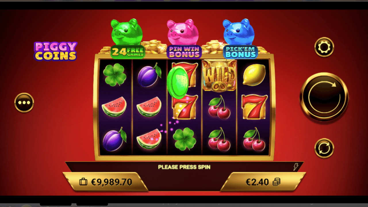 Vista de juego del modo base del slot Piggy Coins, con símbolos de monedas y animaciones vibrantes en una cuadrícula de 5x3.