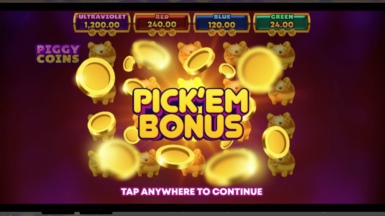 Activación del Bono Pick’em en la slot Piggy Coins mediante el cerdito azul, desbloqueando una jugabilidad de bonificación interactiva.