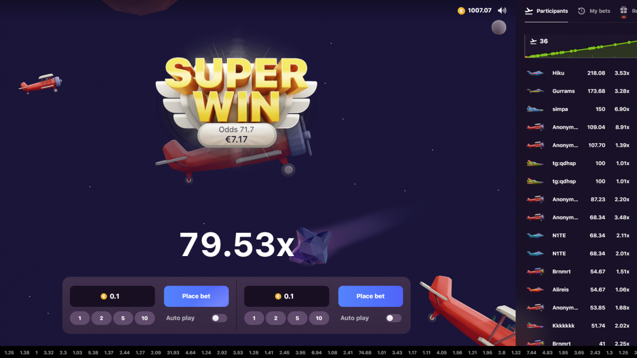 Screenshot of a super win with the base plane in the Aviatrix game.