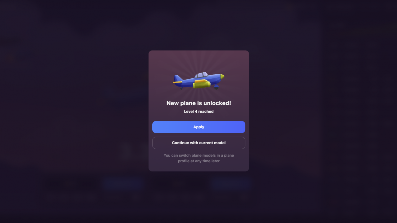 In-game screenshot showing an upgraded plane at level 4 in Aviatrix.