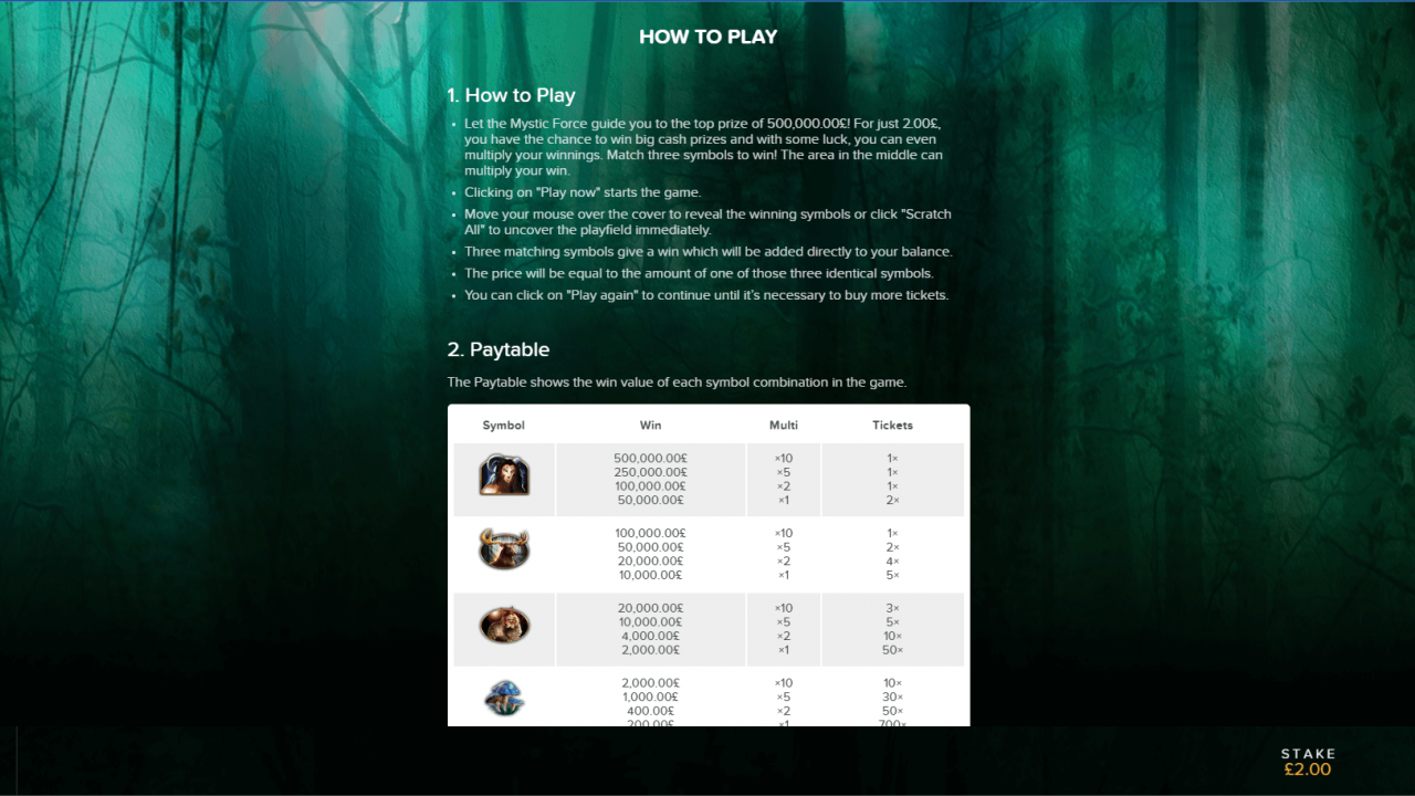 Mystic Force Game Rules – How to Play and Win Big in iGaming The game rules screen of Mystic Force, outlining how players can win big by scratching symbols and earning instant rewards in this exciting iGaming experience.