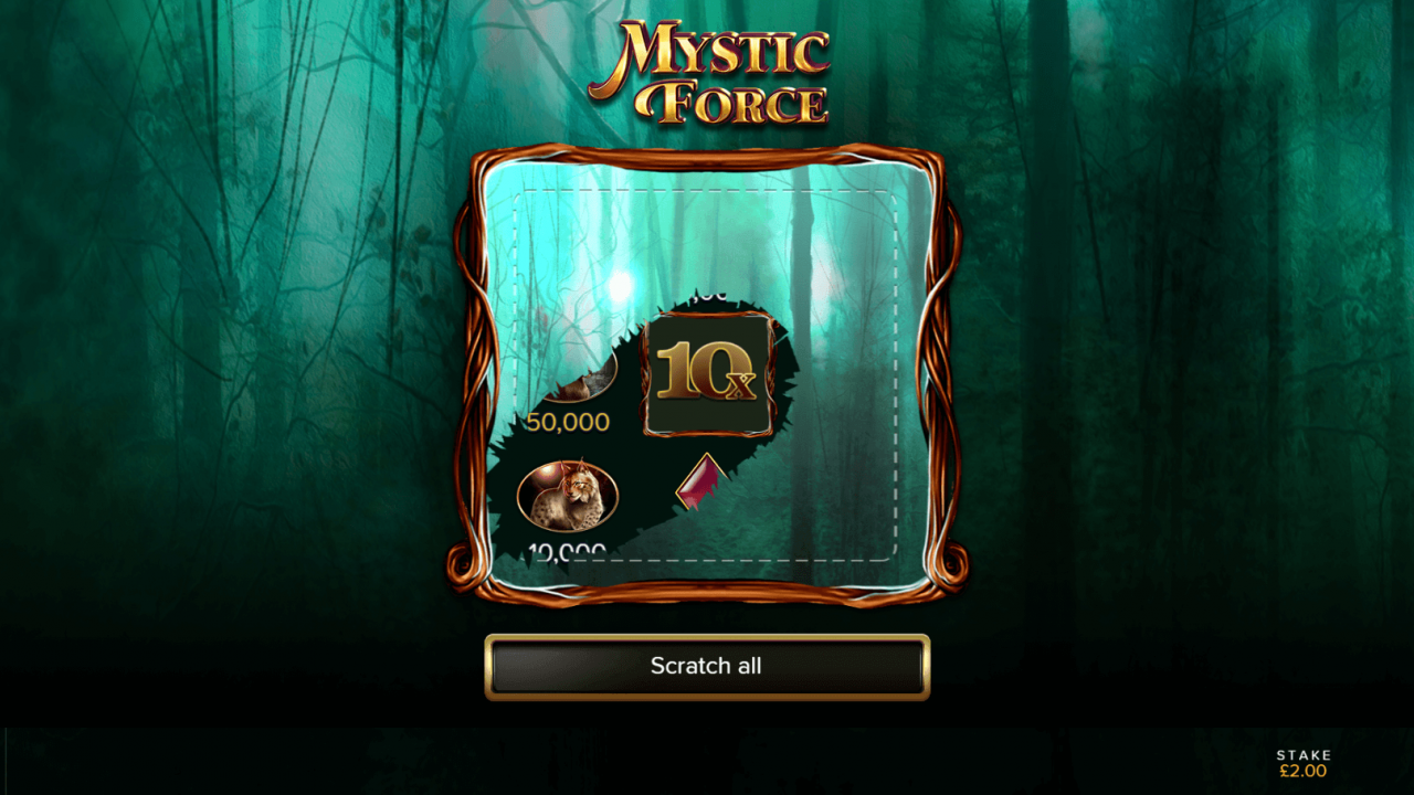 Mystic Force – Half-Scratched Card Reveals Potential Wins A half-scratched card from Mystic Force, showing players the exciting symbols that lead to potential big wins and instant rewards in this iGaming experience