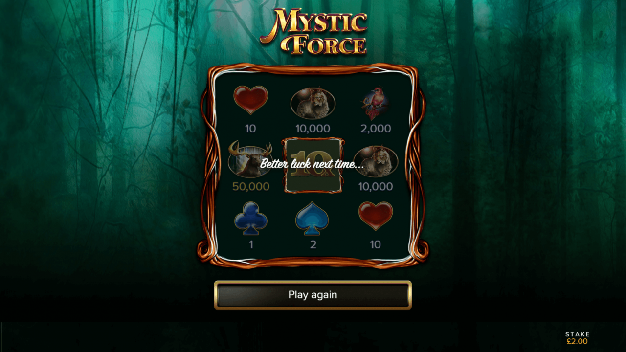 Mystic Force – No Win Yet, Try Again for Instant Rewards in iGaming The no win screen of Mystic Force, where players see their results and are encouraged to try again for instant rewards and exciting gameplay in this iGaming scratch card game.