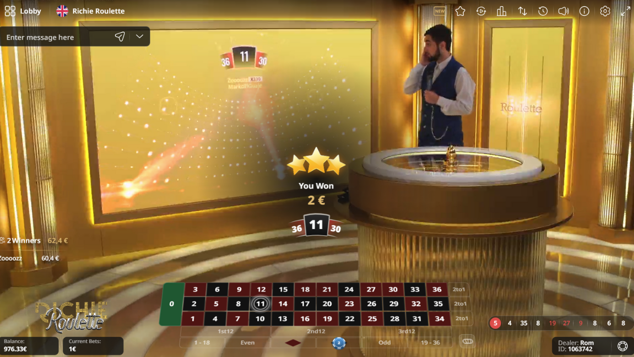 Richie Roulette game interface displaying a winning scenario with STARs multipliers enhancing payouts.