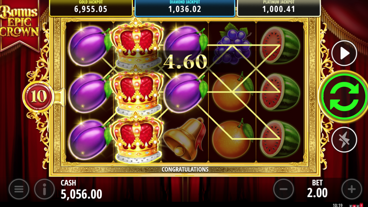 Vista del juego base del slot Bonus Epic Crown de FAZI con wilds expansivos llenando los carretes para posibles ganancias.
