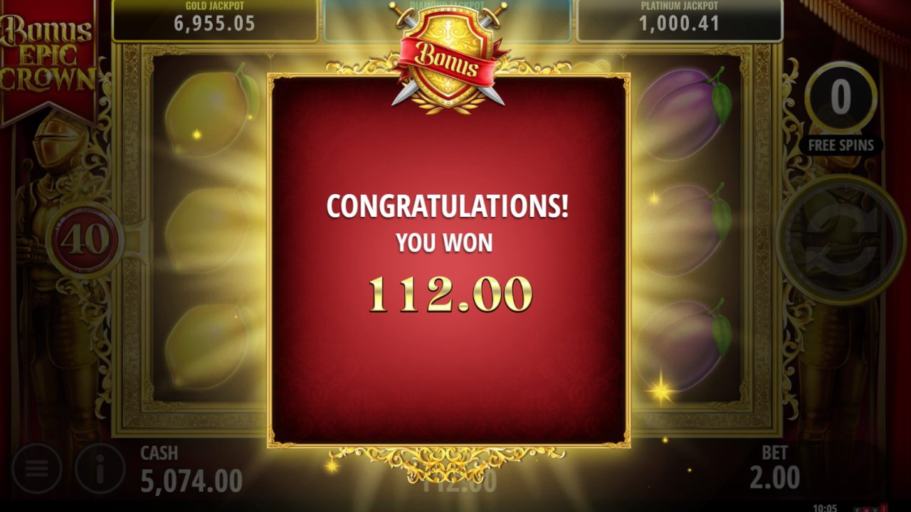 Vista del Juego de Bono en el slot Bonus Epic Crown, donde las líneas de pago adicionales aumentan las oportunidades de ganar.