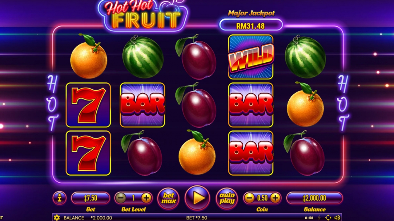 Screenshot of Hot Hot Fruit showing the base game with fruit symbols on the reels.