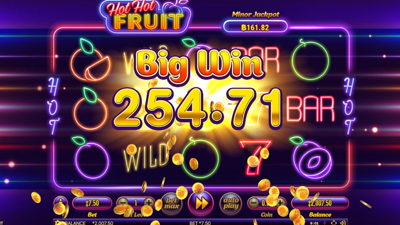 Screenshot of Hot Hot Fruit celebrating a big win with a significant amount of coins collected.