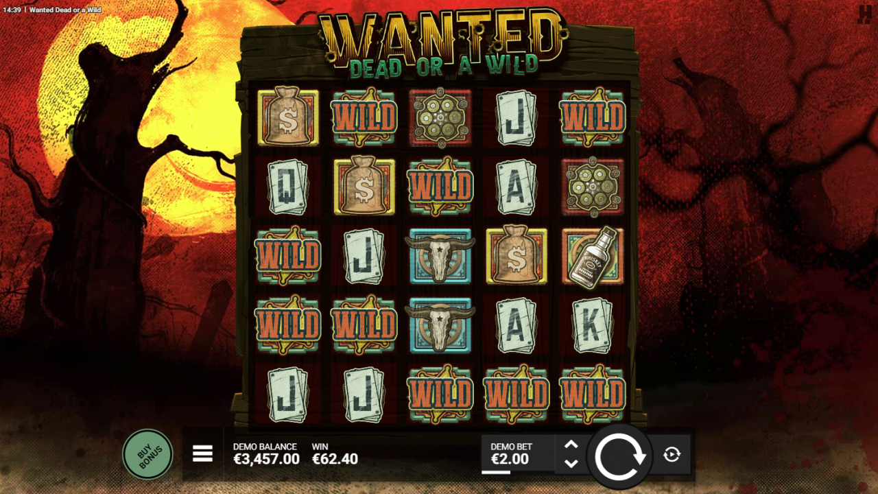 Screenshot showing the base game layout and symbols in Wanted Dead or a Wild by Hacksaw Gaming.