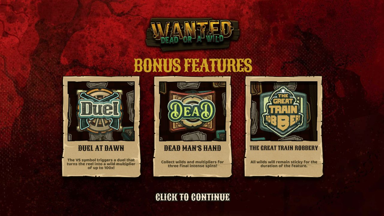 Image displaying the special features available in Wanted Dead or a Wild, including bonus rounds and multipliers.