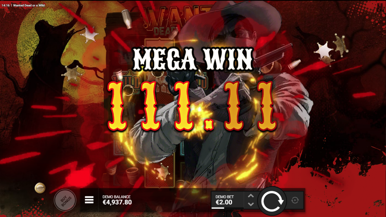 Screenshot of a Mega Win during the Duel at Dawn bonus feature in Wanted Dead or a Wild.