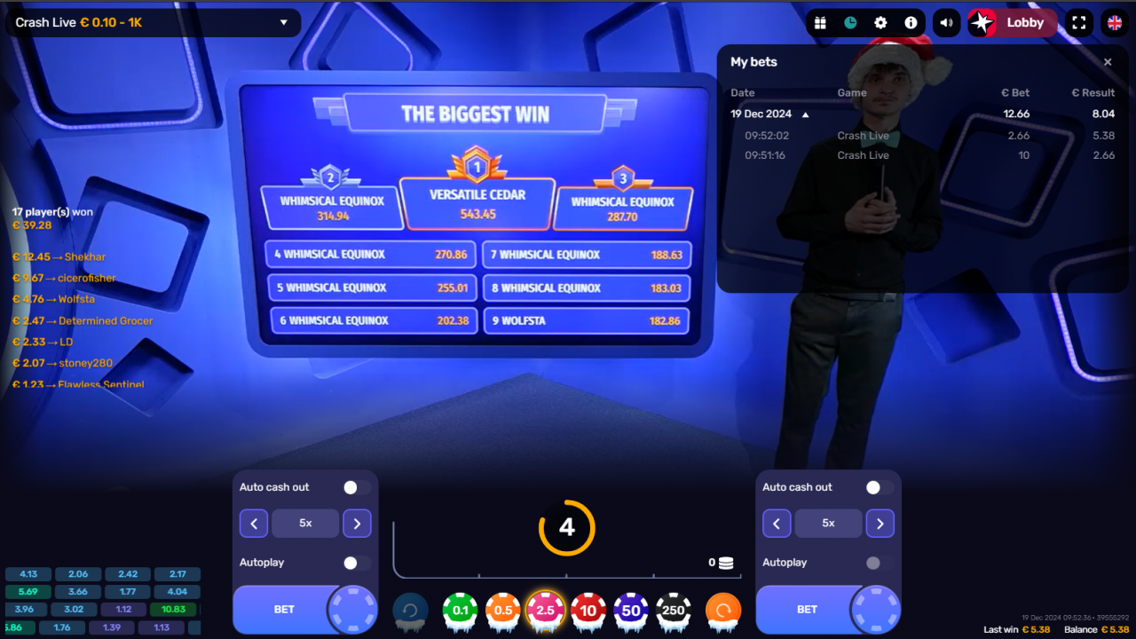 Captura de la función de Historial de Ganancias en Crash Live, mostrando multiplicadores y premios anteriores para que los jugadores analicen.