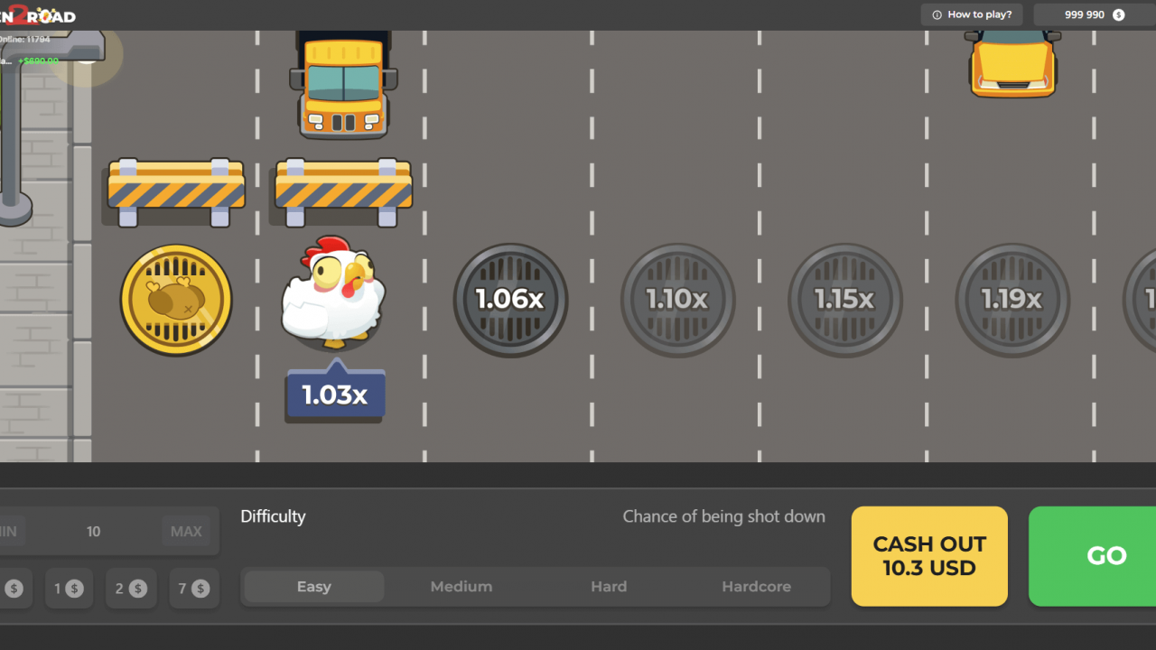 Chicken Road 2.0 Gameplay: Advancing to the First Multiplier Chicken Road 2.0 in-game screenshot showing the chicken on the 1.03x multiplier spot, with the 'CASH OUT' button active.