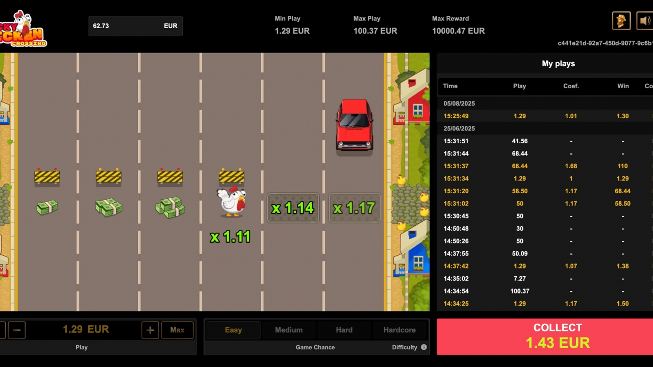 Screenshot of Lucky Chicken Crossing gameplay on Jacktop showing real-time multipliers, road obstacles, and player bet history.