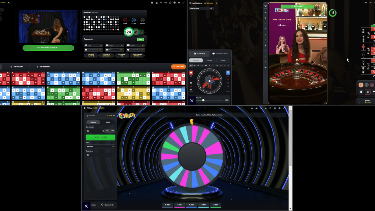 Screenshot displaying the split view feature in Live Tombola, allowing players to view multiple live games at once.
