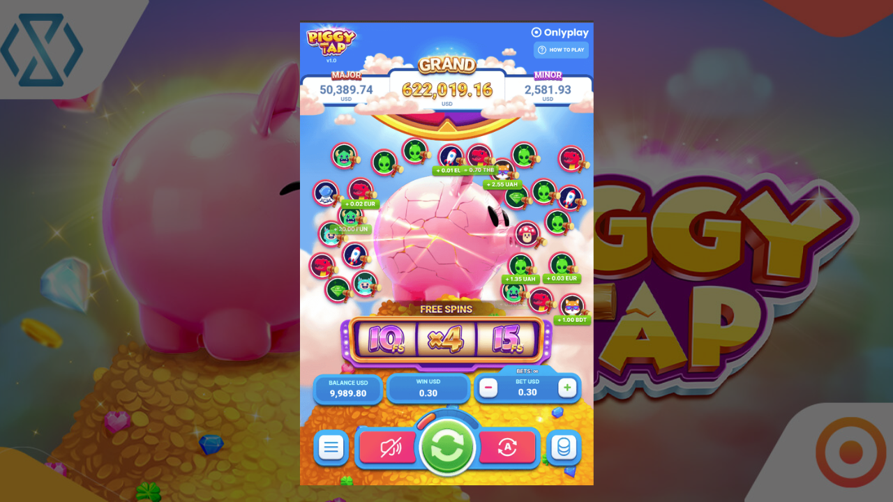 Free Games bonus round in Piggy Tap with increased multiplier action." Title: "Piggy Tap Buy Bonus Option