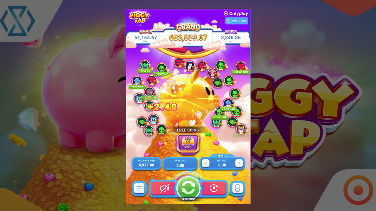 Una combinación emocionante de las funciones Free Games y Wheel en Piggy Tap.
