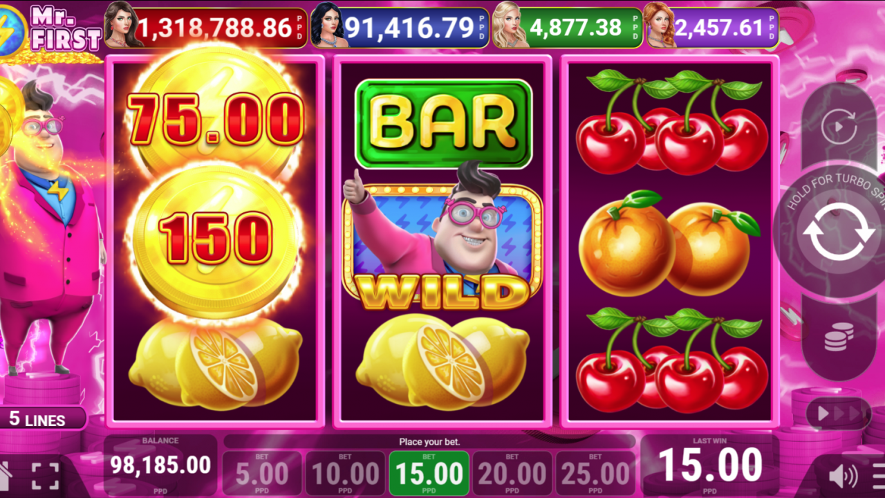 Screenshot of the Mr. First slot base game with classic symbols on the reels.