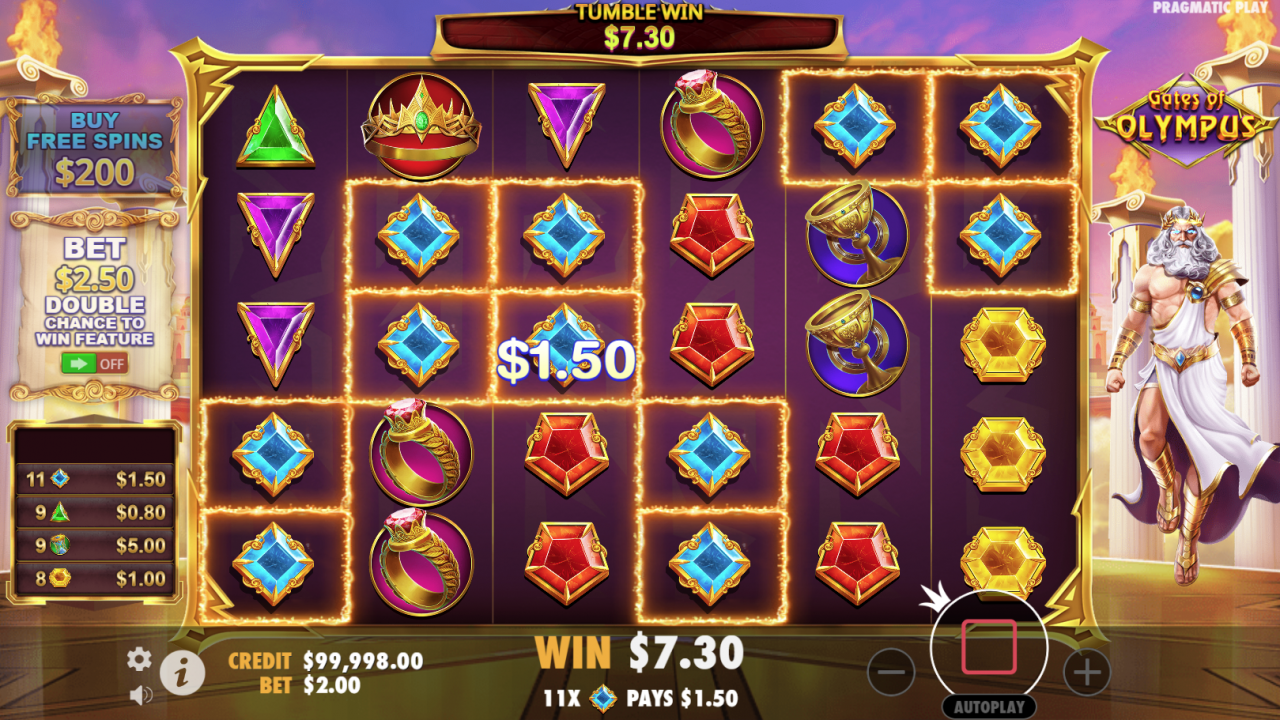 Pantalla de victoria durante el juego base de Gates of Olympus, destacando un pago obtenido por símbolos griegos coincidentes.