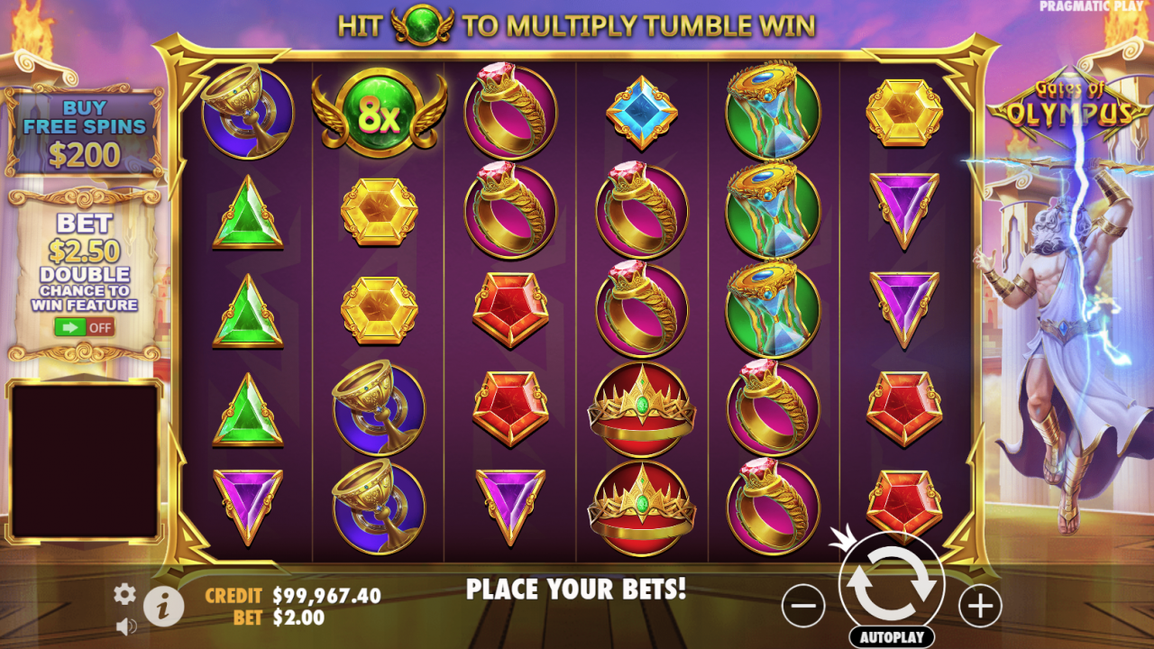 Un símbolo de multiplicador aparece en el juego base de Gates of Olympus, aumentando el pago potencial de una combinación ganadora.