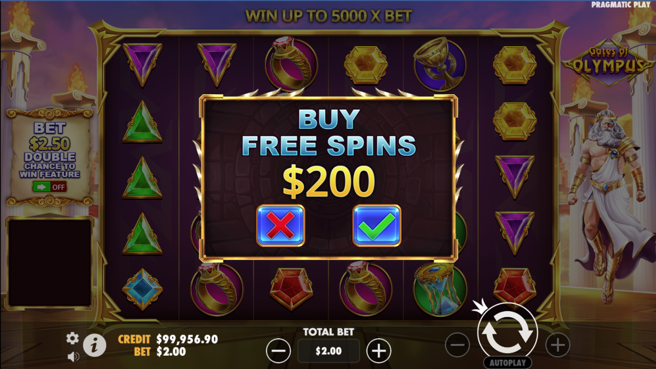 La pantalla de Compra de Bono en Gates of Olympus, que ofrece a los jugadores un acceso directo a la ronda de Giros Gratis por 100x su apuesta.