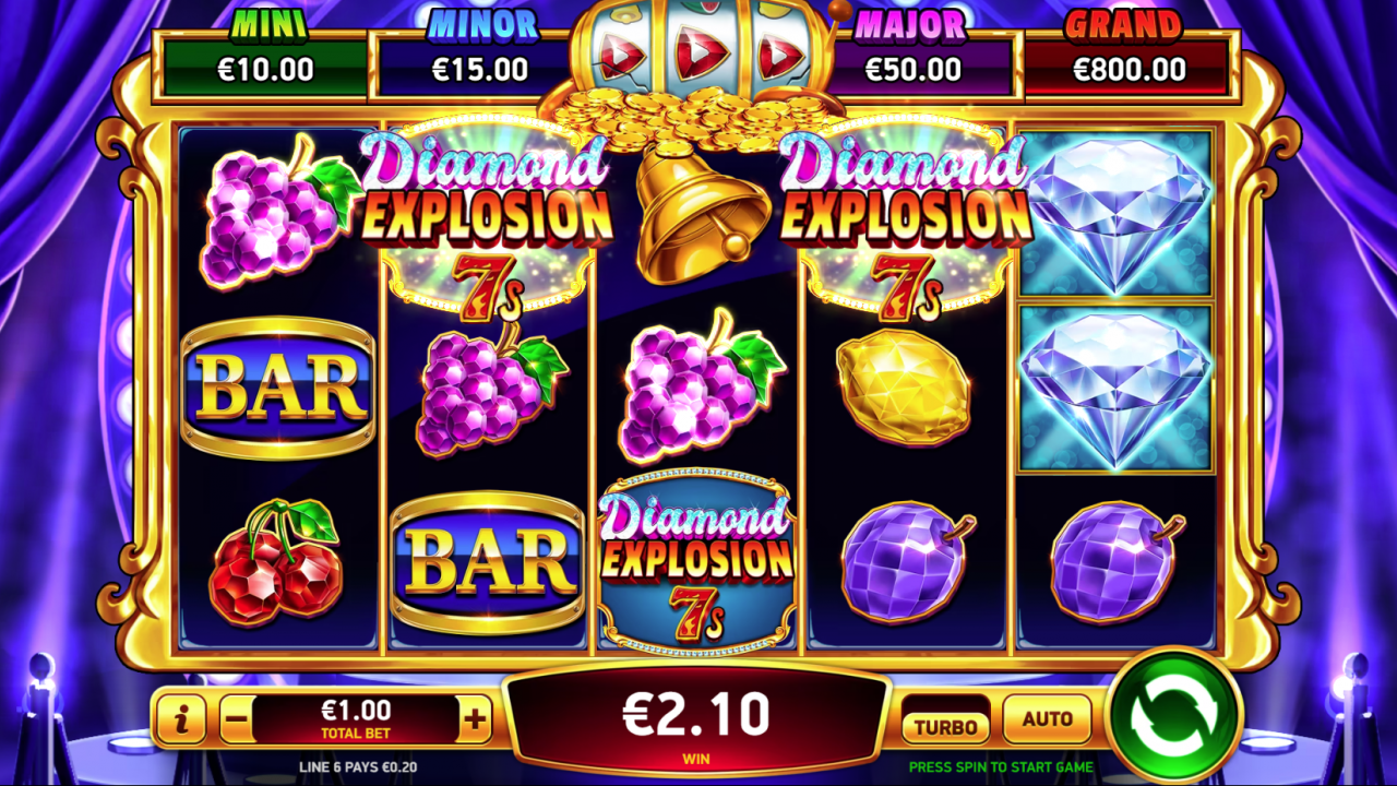 Screenshot of Diamond Explosion 7s showing the base game layout with classic fruit symbols and paylines.