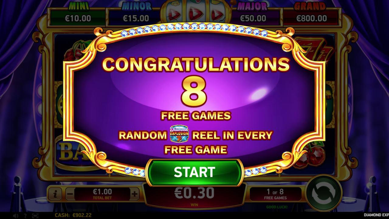 Start screen for the Free Games feature in Diamond Explosion 7s, highlighting the activation of free spins.